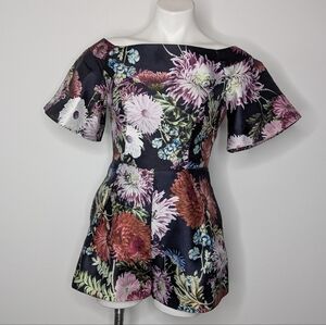 Keepsake Blue Purple Floral Short Sleeve Satin Romper XS
